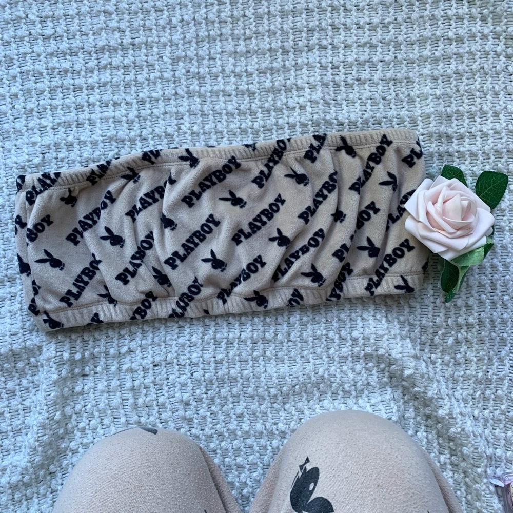 Playboy Beige and Black Logo Fleece Bandeau Top